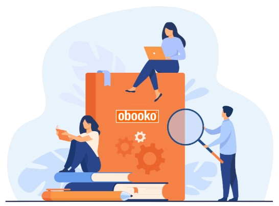Illustration of people reading information books on digital devices